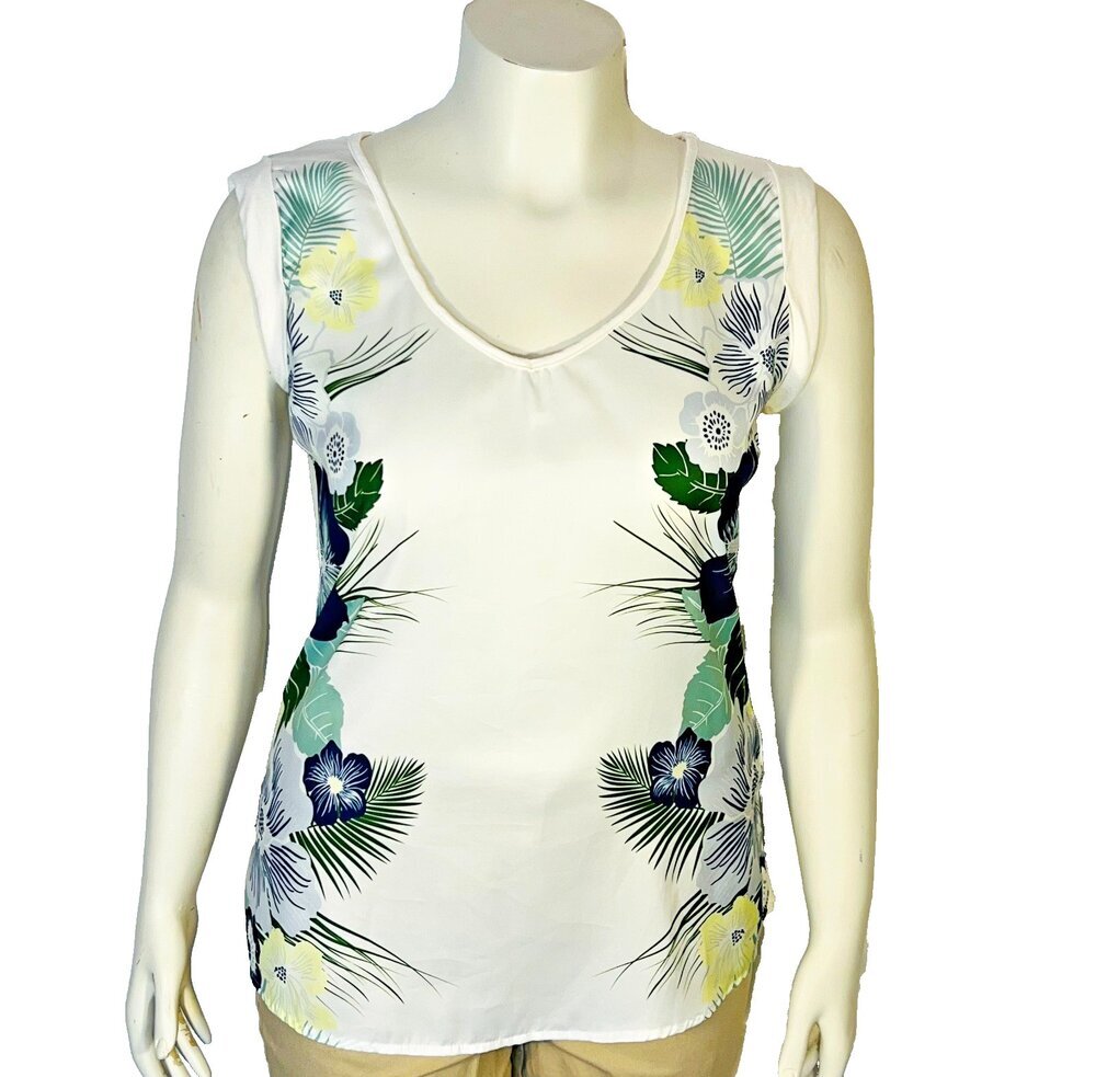 Renuar Sleeveless Blouse Womens 10 (FR 40) Cream Navy Tropical Print V-Neck